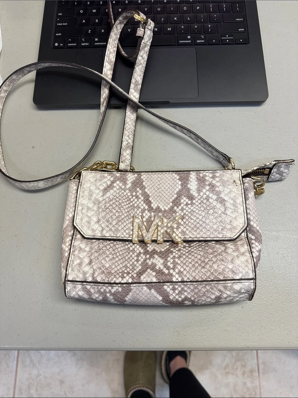 Michael Kors Python-Effect Crossbody Bag in Taupe and Ivory